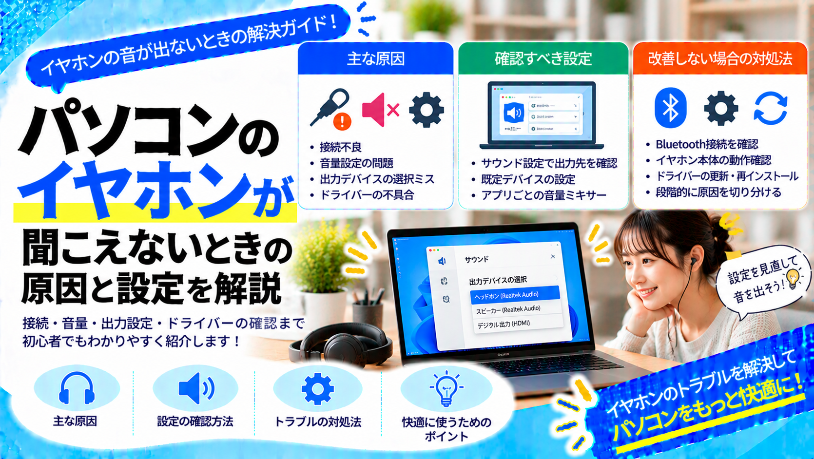 パソコンのイヤホンが聞こえないときの原因と設定の確認方法