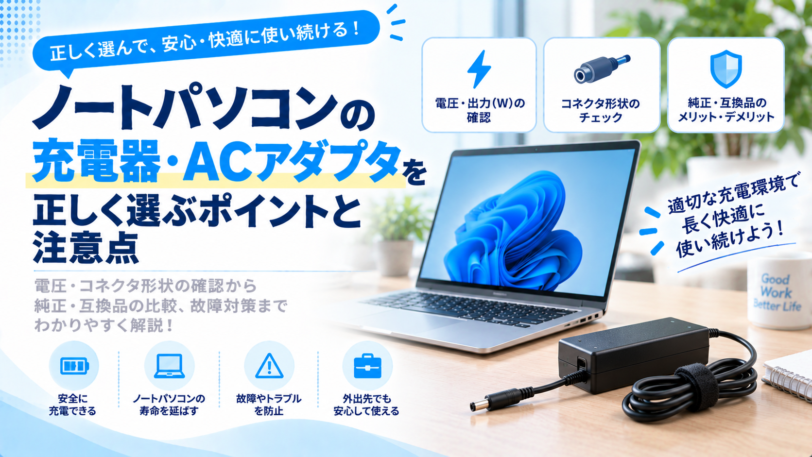 ノートパソコンの充電器・ACアダプタを正しく選ぶポイントと注意点