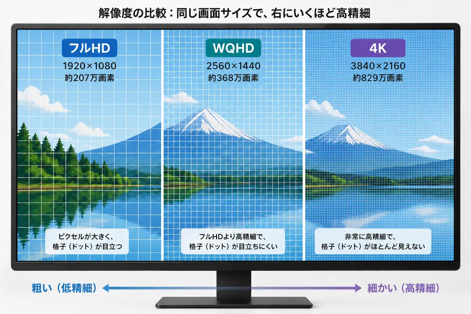 フルHD、WQHD、4Kの解像度と画素数の比較イメージ