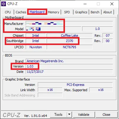 「CPU-Z」を使って「Manufacture（マザーボードのメーカー名）」「Model（型番）」「Southbridge搭載チップセット（搭載チップセット）」「BIOSのバージョン」も確認しましょう。