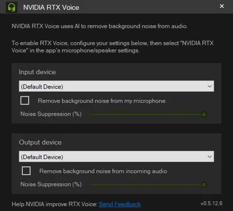 NVIDIA RTX Voiceの設定画面を開くと下記のようなウィンドウが表示されます。