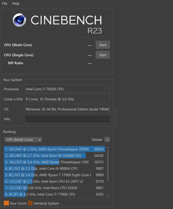 Cinebenchのウィンドウ左にある項目がCinebenchの機能となります。