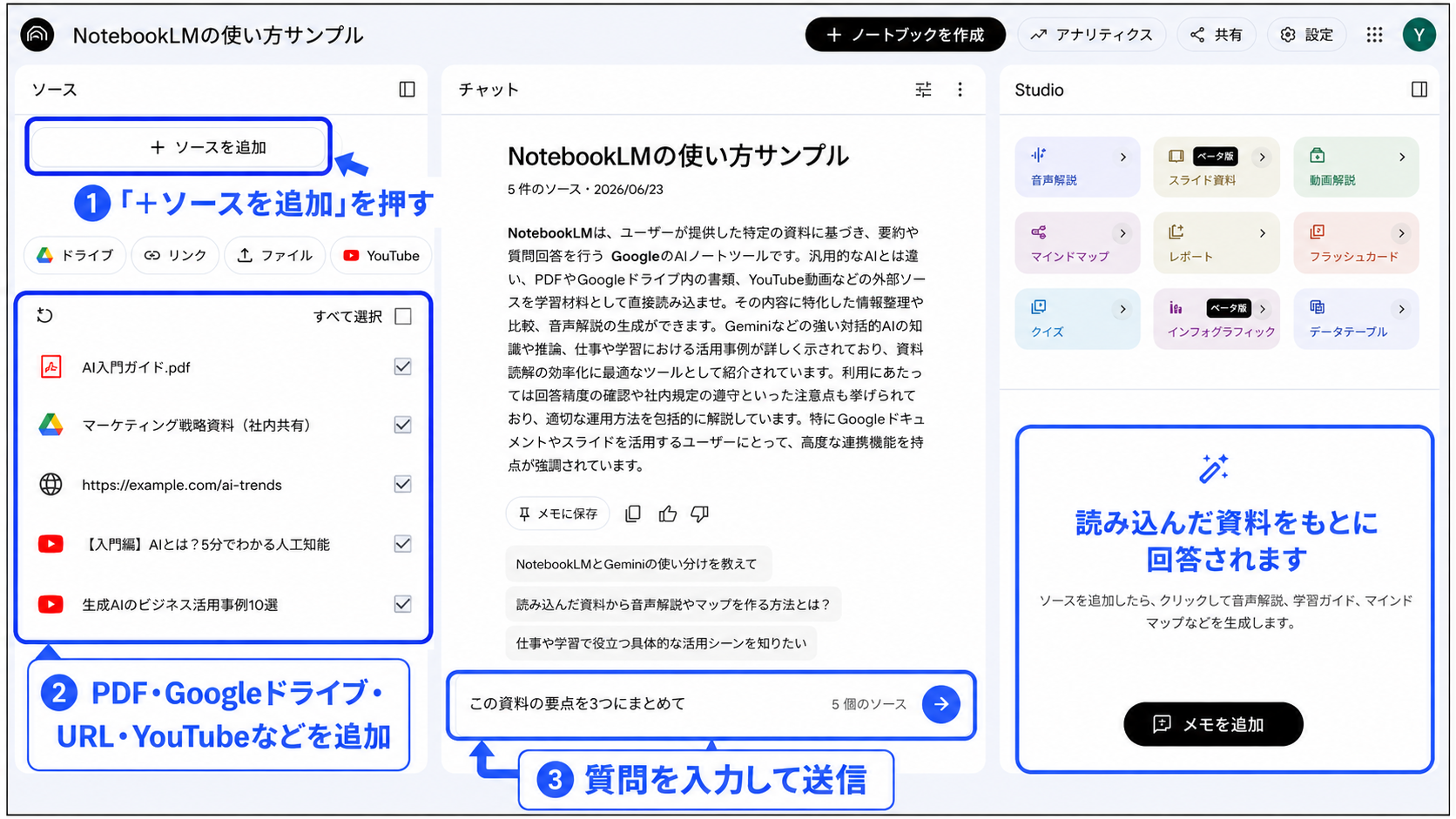 NotebookLMでPDFやGoogleドライブなどの資料を追加して質問する画面