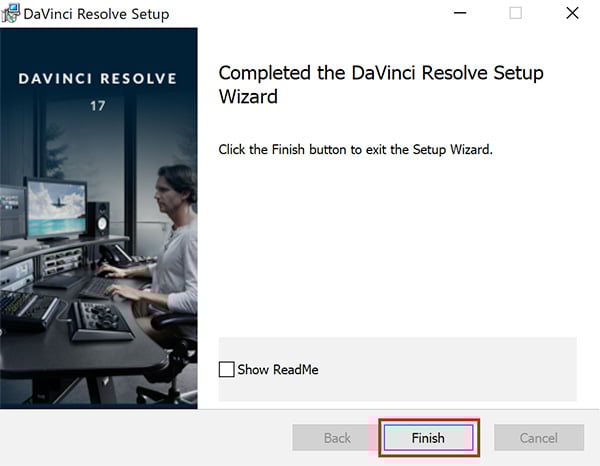 正常に完了した場合は「Completed the DaVinci Resolve Setup Wizard」という画面が表示されますので「Finish」ボタンをクリックします。