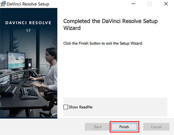 正常に完了した場合は「Completed the DaVinci Resolve Setup Wizard」という画面が表示されますので「Finish」ボタンをクリックします。