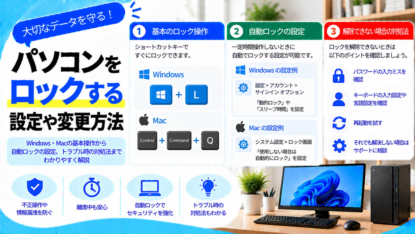パソコンのロックの設定や変更方法について