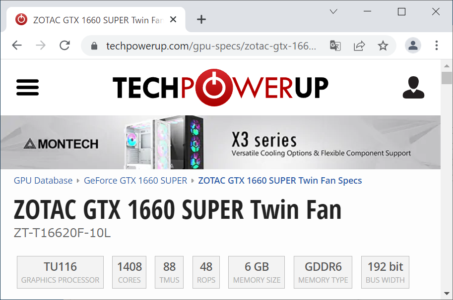 「Lookupボタン」をクリックすると、現在表示されているグラフィックボードの「TechPowerUp GPU Database」の詳細ページがブラウザで表示されます。