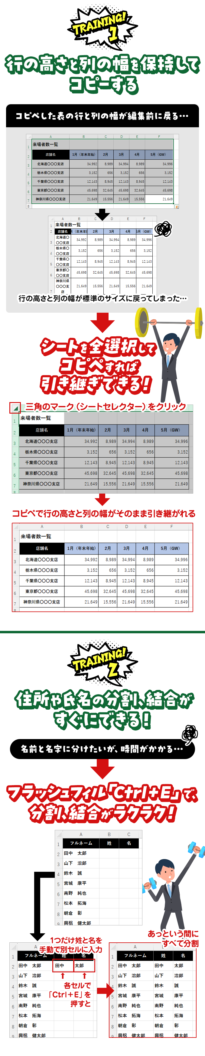 【Training1】行の高さと列の幅を保持してコピーする。【Training2】住所や氏名の分割、結合がすぐにできる！