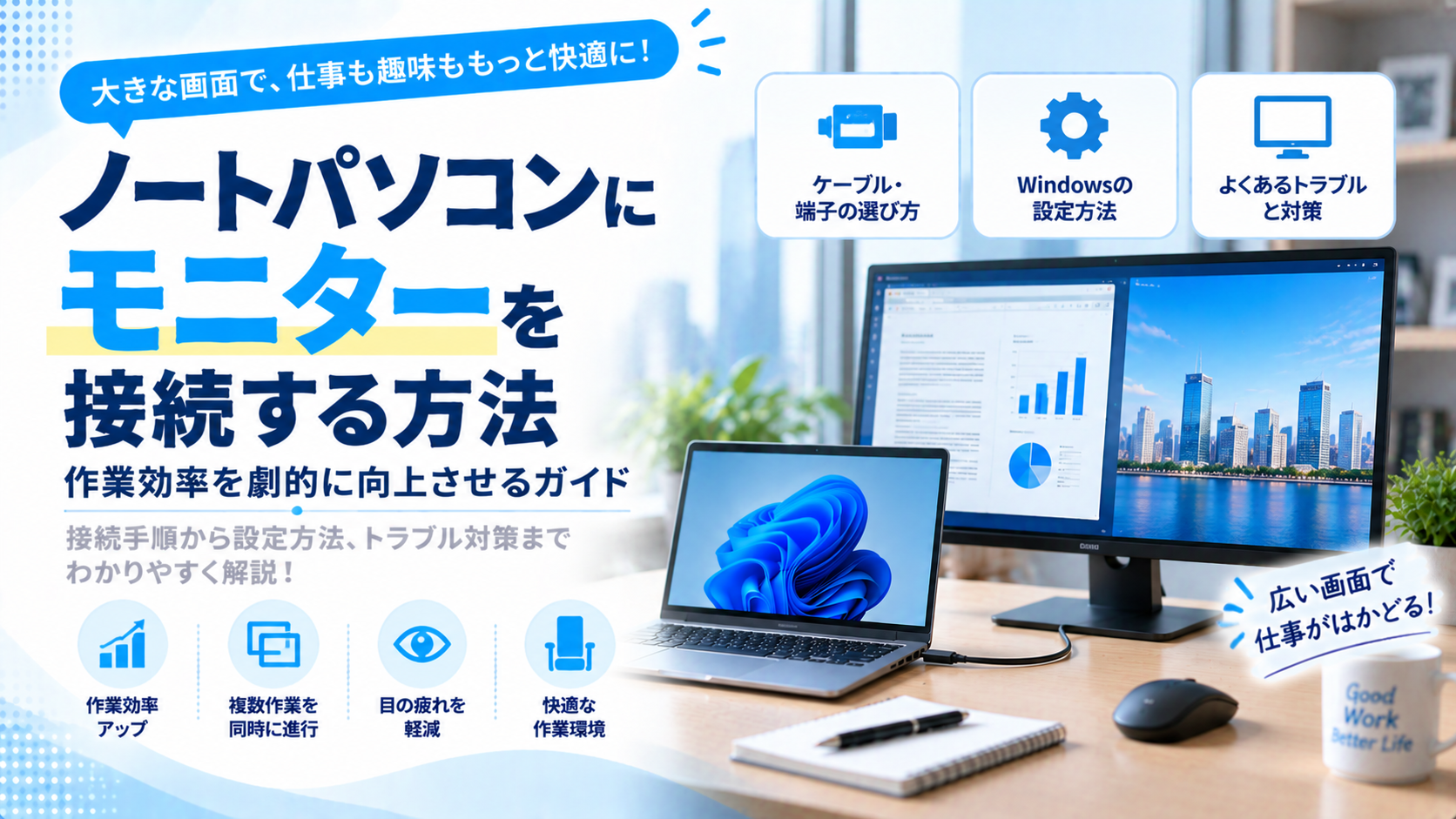 ノートパソコンとモニターをつなぐ方法