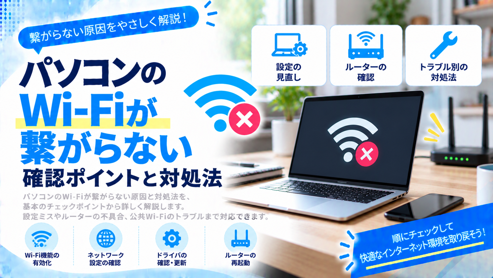 パソコンのWi-Fiが繋がらない原因とは？確認ポイントと対処法