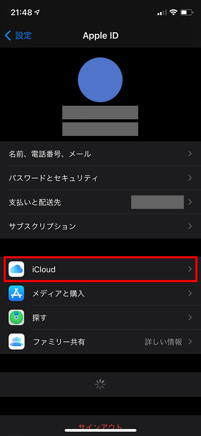 項目の中から「iCloud」をタップします。