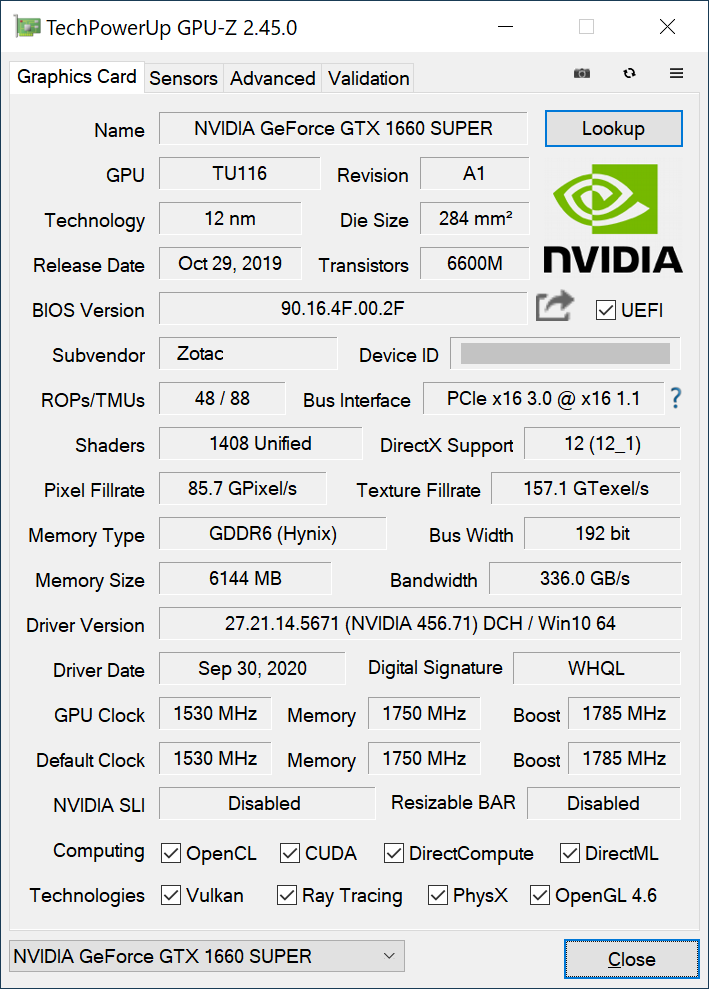 GPU-Zの起動後に表示される「Graphics Card」タブはグラフィックボードの基本的な情報が表示されます。