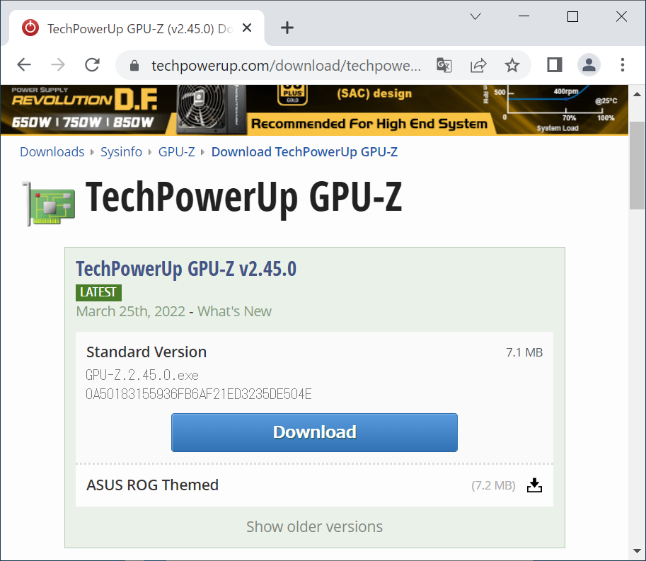 「TechPowerUp GPU-Z vX.XX.X（X.XX.Xには最新バージョンが表示）」の項目の「Download」ボタンをクリックします。