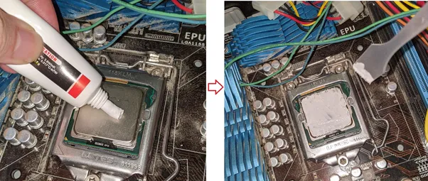 CPU上部に新しいシリコングリスを垂らし、均等にならすようにヘラなどを使って薄く塗り広げます。