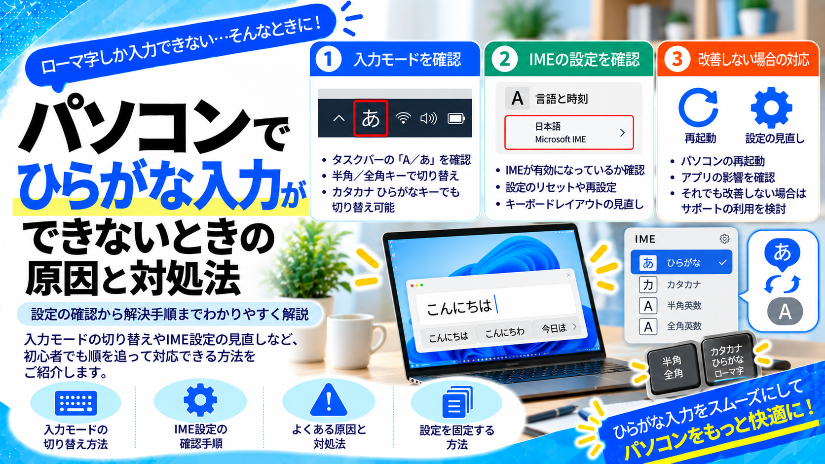 パソコンでひらがな入力ができない原因と正しい設定方法の確認手順