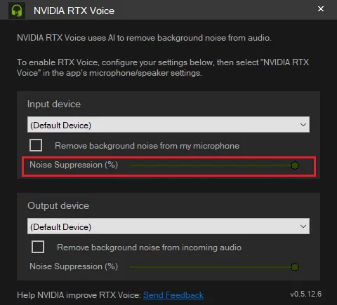 「Noise Suppression (%)」は、ノイズキャンセリングの効果レベルをスライドバーで設定できます。