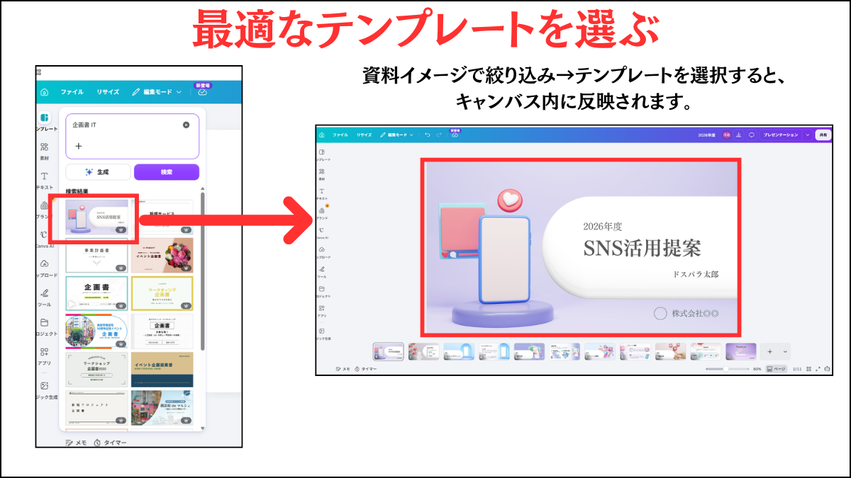 Canvaのプレゼンテーション用テンプレート検索画面