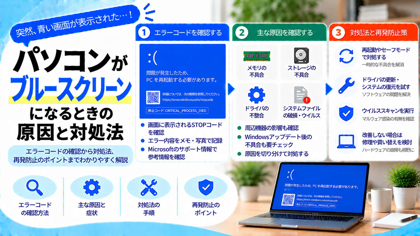 パソコンがブルースクリーンになるときの原因と対応方法とは？