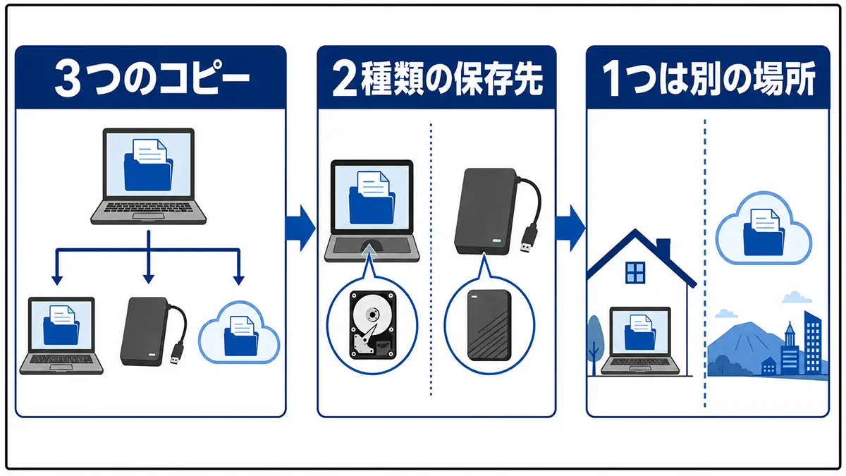 3-2-1ルールの3つのコピー、2種類の保存先、1つは別の場所という意味