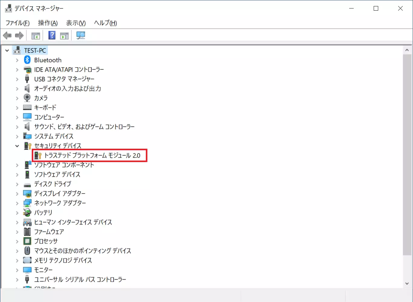 展開された項目に「トラステッドプラットフォームモジュール2.0」と表示されているかを確認します。